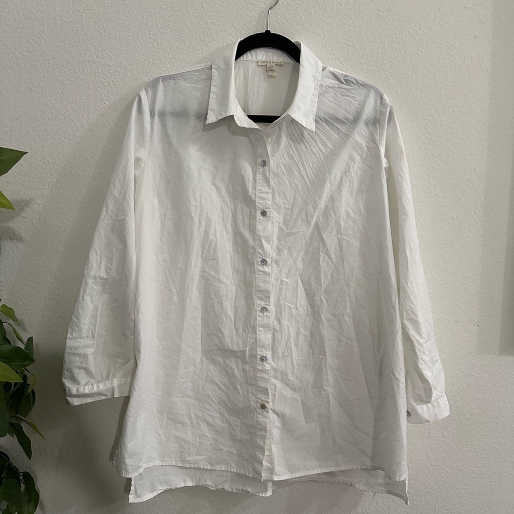 Eileen Fisher Washed Organic Cotton Poplin Classic Collar Shirt Sz L